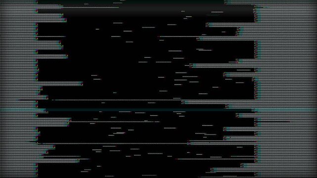 Glitch effect with realistic crt scanline texture on black background. White digital noise and pixelated lines create a vintage television aesthetic.