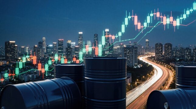 Black oil barrels stand against illuminated city skyline at night. Glowing stock market candlestick chart overlay shows financial data. Energy prices fluctuate above urban landscape with highway