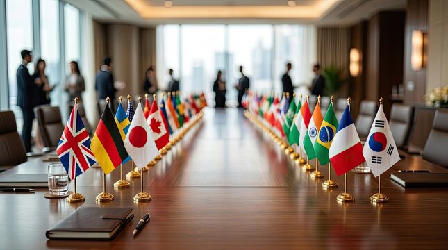 International diplomacy summit conference table with flags of world nations