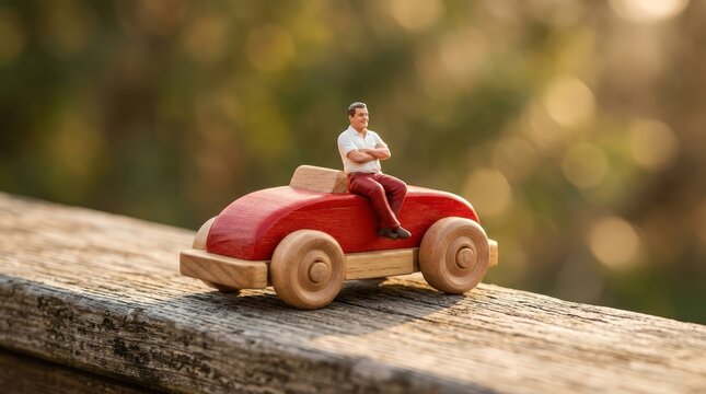 Miniature plastic figurine sitting atop a handmade wooden toy red car during golden hour sunlight
