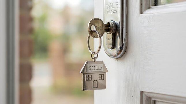 House key with a sold keychain dangling in the lock of a white front door