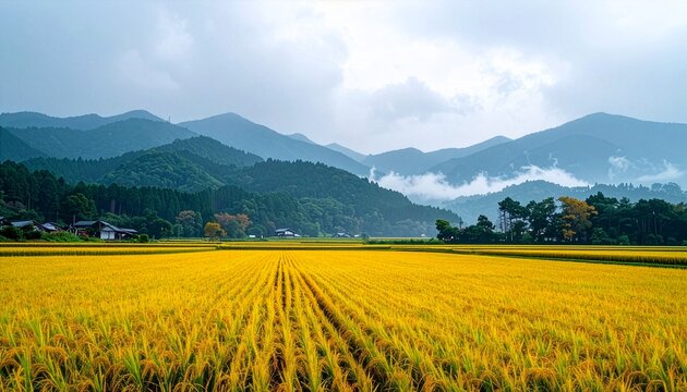 実りの秋の田んぼと霧のかかる田舎の山々の背景