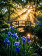 Obraz premium Serene garden scene with wooden bridge over small pond. Blue iris flowers bloom in foreground. Golden morning sun rays shine through rich green trees at sunrise. Peaceful landscape with calm water,