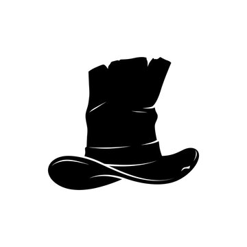 Black and white silhouette of a damaged, ragged top hat. Vintage magician or hobo hat vector illustration isolated on a white background.
