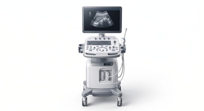 Medical ultrasound diagnostic imaging machine with a large monitor and transducer probes isolated on a clean white background