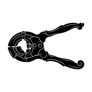 Black and white silhouette illustration of a vintage mechanical clamp or pliers tool. Isolated vector graphic style on a white background.