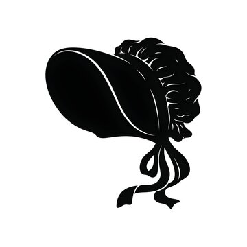 Black silhouette illustration of a classic pioneer bonnet or maid cap with tied ribbons. Vintage women's headwear vector graphic isolated on white.