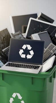 E Waste Disposal in a Green Recycling Bin with Recycle Symbol