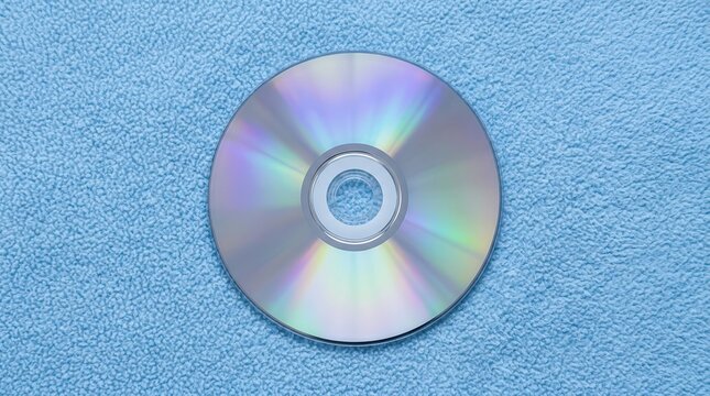 Reflective compact disc lying flat on soft fluffy blue fabric background surface texture