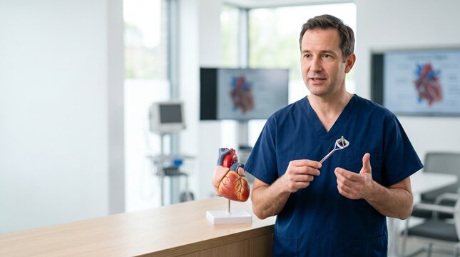 Cardiac Surgeon Explaining Heart Valve Replacement Surgery with Anatomical Model