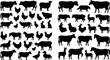 Obraz premium Farm Animals Silhouettes Set with Cows Horses Sheep Chickens Rabbits and Ducks Vector Illustration
