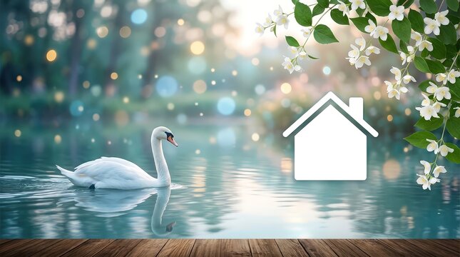 Majestic white swan swimming gracefully on calm blue water with a house icon floating above