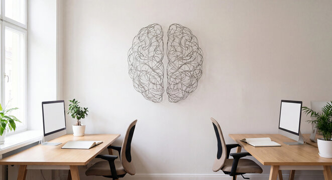 Minimal office with two desks and wire brain sculpture on white wall creativity concept
