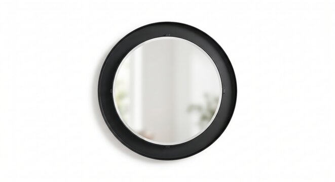 Minimalist round wall mirror with a thick matte black frame isolated on a white background