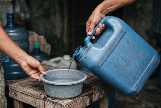 A person pours water from a blue container into a bowl. This scene takes place in a location affected by war, showing the importance of water