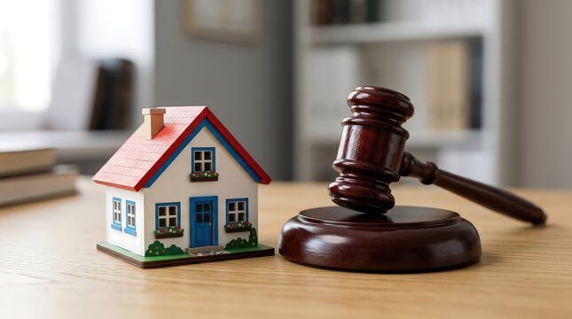 Miniature house model sitting on a wooden table beside a judge gavel inside an office