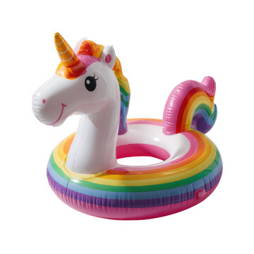 Rainbow Unicorn Pool Float, Colorful Inflatable Swim Ring with White Unicorn Head, Playful Summer Swimming Accessory isolated PNG with Transparent Background