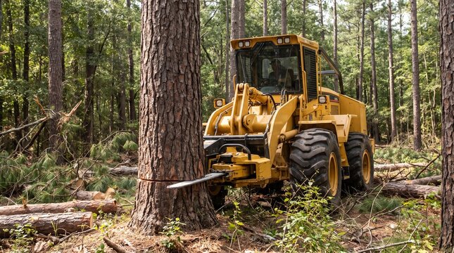 Yellow logging machine cutting a large tree trunk in a pine forest during deforestation