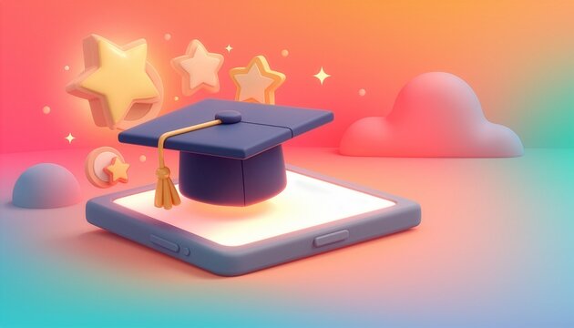 3D graduation cap on glowing tablet for online learning and e-learning course banner
