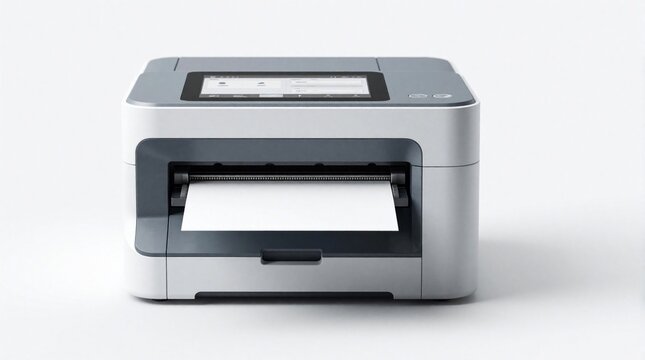 Modern label printer produces white paper sheet on clean white background. Digital device features touchscreen display for easy control. Pro office equipment for printing stickers, tags, barcodes in