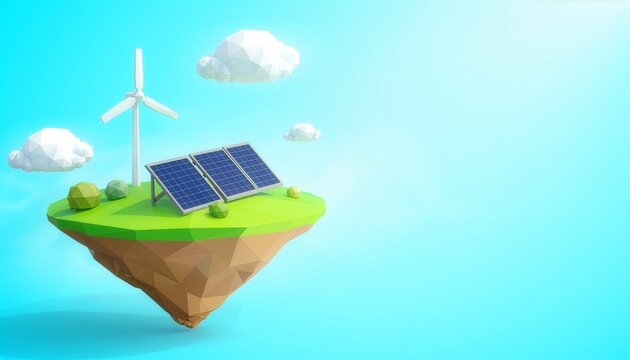 3D floating eco island with wind turbine and solar panels for renewable energy campaign