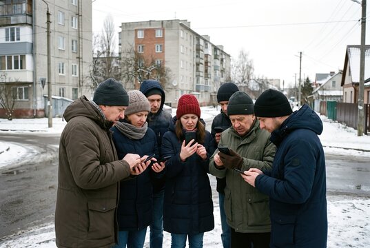 A group of people gather outdoors in a snowy setting. They are looking at their phones, possibly to get news or messages related to the ongoing war.