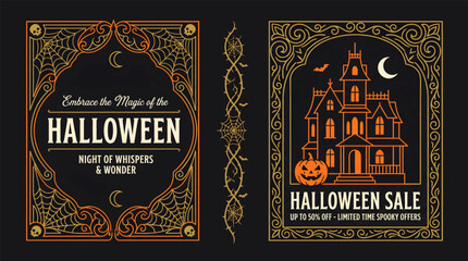 Obraz premium Decorative halloween posters featuring spooky house and mystical nighttime themes for seasonal events