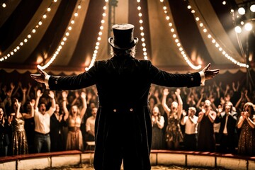 Obraz premium Ringmaster in top hat stands with arms wide in circus tent. Crowd cheers, applauds during live performance. Warm lights glow over stage as entertainer greets excited audience at night show. People