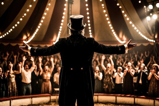 Ringmaster in top hat stands with arms wide in circus tent. Crowd cheers, applauds during live performance. Warm lights glow over stage as entertainer greets excited audience at night show. People