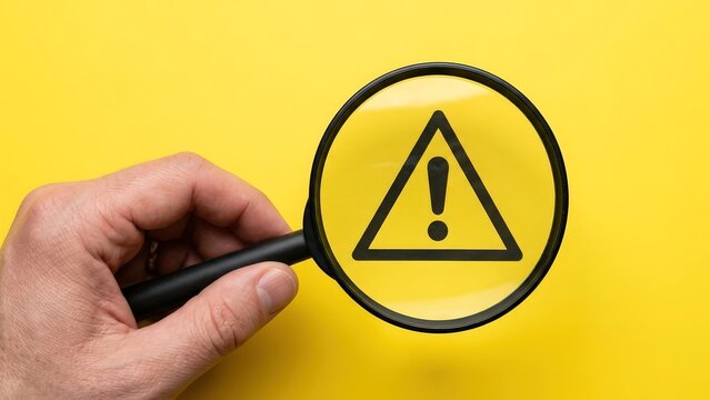 Human hand holding magnifying glass revealing important warning symbol on bright yellow background