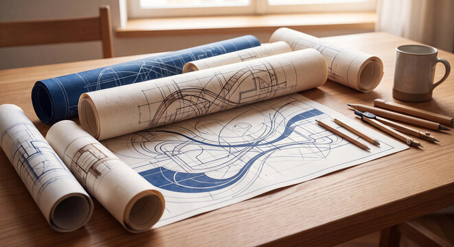 Architectural blueprint rolls with pencils and drafting compass on wooden table