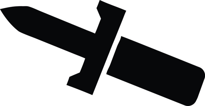 Black dagger silhouette icon vector with sharp blade and textured handle for medieval roleplay games and defense themes.