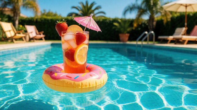 Refreshing fruit punch cocktail with strawberry, lemon floats on donut shaped pool float in blue swimming pool. Cold summer drink with ice, pink umbrella sits in backyard water. Tropical vacation