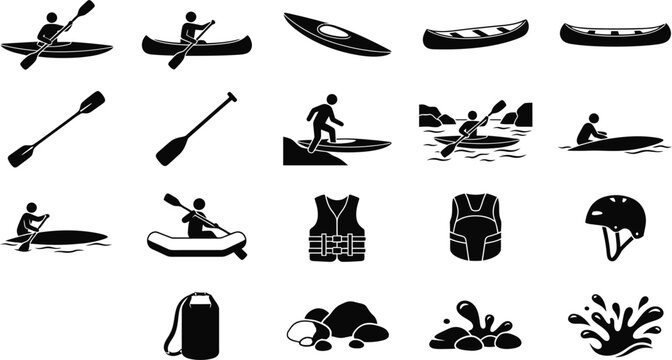 Kayaking and canoeing equipment silhouette collection featuring paddlers, water sports gear, rafting adventure, outdoor recreation essentials