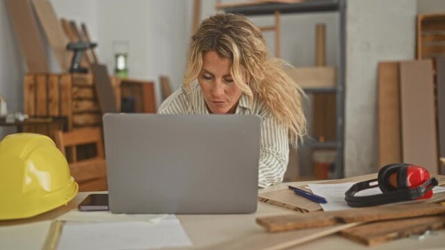 Woman leaning over laptop with yellow hardhat and earmuffs, papers and wood planks on table in a carpentry studio; concentration planning.