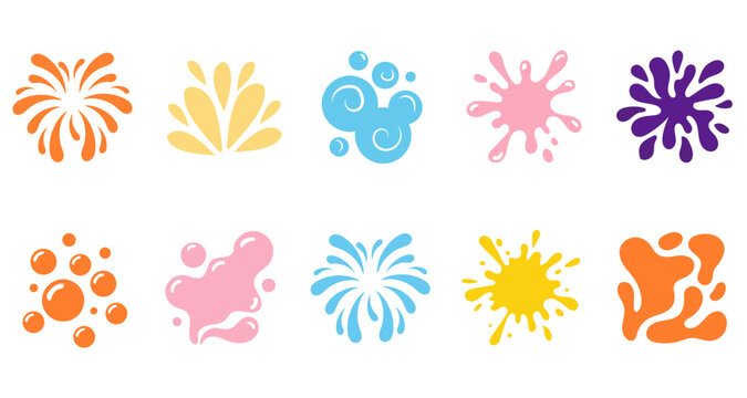 Colorful abstract vector graphic elements set with water splash paint splat liquid drop bubbles and firework shapes