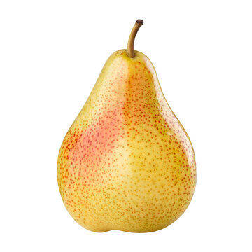 Whole ripe yellow pear with red speckled skin and long stem, isolated on transparent cutout background
