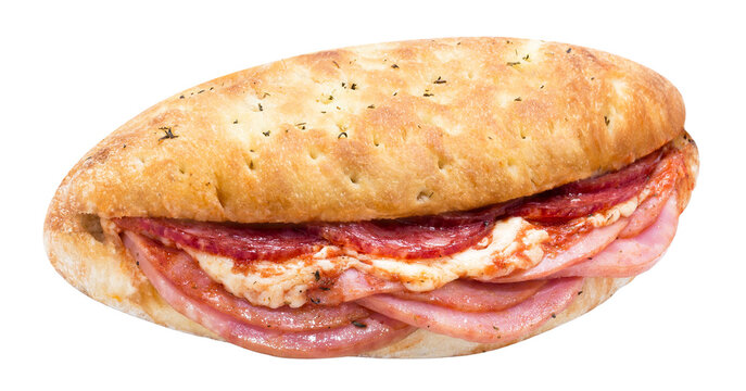 Toasted ham and salami sub sandwich with tomato sauce, isolated on transparent cutout background