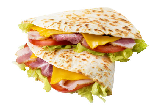 Lavash sandwiches filled with ham, cheddar cheese, tomato, and lettuce, isolated on transparent cutout background
