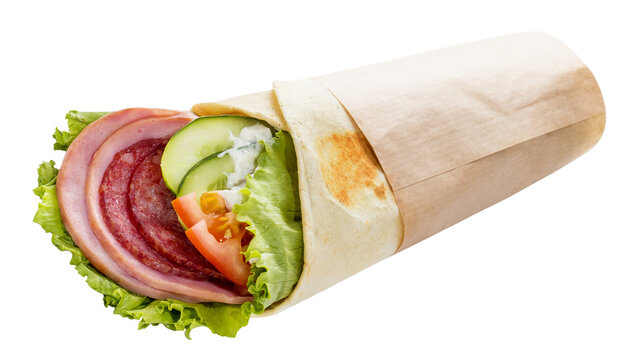 Lavash wrap filled with ham, salami, lettuce, cucumber, and tomato, isolated on transparent cutout background