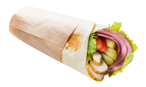 Stuffed lavash roll with sliced chicken, ham, pickles, and vegetables, isolated on transparent cutout background