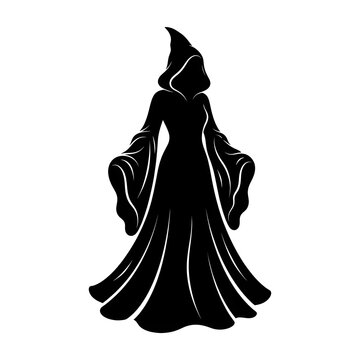 Black silhouette of a scary hooded figure in a flowing robe. Perfect for Grim Reaper, ghost, dark magic, or Halloween horror designs. Isolated on white.