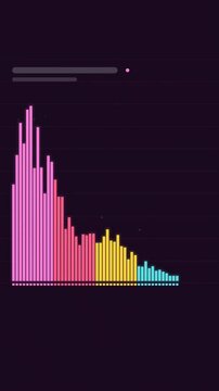 Vertical 9:16 animated audio spectrum bars breathing steadily in violet and purple on a dark background. Seamless looping 4K motion graphics in portrait format for reels, shorts, stories and music vid
