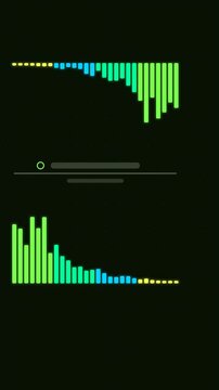 Vertical 9:16 animated dual row equalizer heavy hits in green and teal on a dark background. Seamless looping 4K motion graphics in portrait format for reels, shorts, stories and music videos, with fr