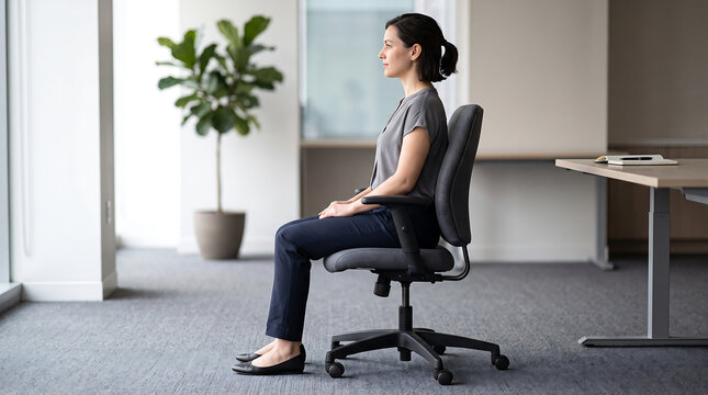 Businesswoman Demonstrating Correct Sitting Posture in Modern Office Workspace