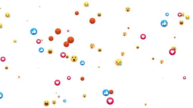 Floating Social media live streaming animation icon down to up explosion 4k motion graphic videos. Social media emojis of hearts, likes, heart eyes Alpha channel, transparent background. 4K resolution