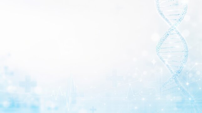 global health accessibility. DNA double helix structure with medical and scientific symbols on a light background