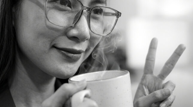 Woman drinking coffee while watching a show with a police line, do not cross, investigation, crime scene