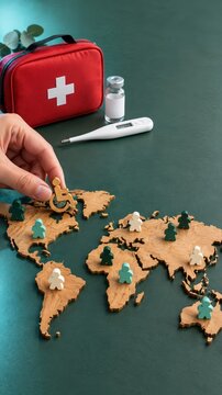 global health accessibility. World map with figurines, first aid kit, thermometer, and salt shaker.