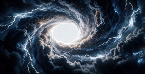 Fototapeta premium Glowing time vortex swirls through dark storm clouds. Electric lightning bolts burst from central light portal. Magic energy spiral moves amidst smoke, sparks. Abstract cosmic tunnel opens in white